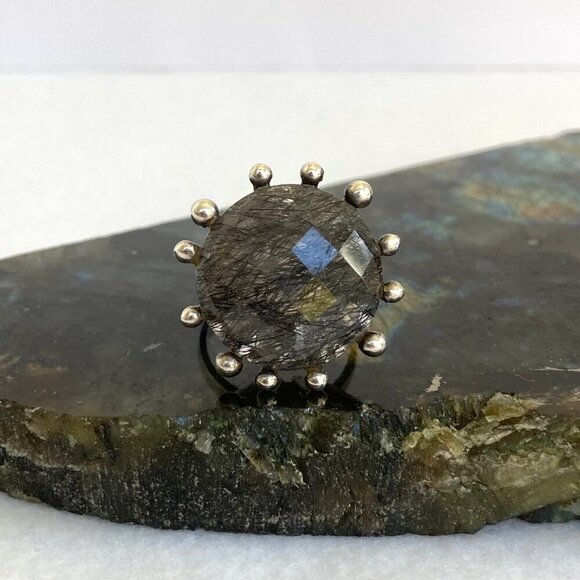 Sterling Silver 925 Large Round Faceted Tourmalated Quartz Cocktail Ring Sz 6.75 - Picture 11 of 16